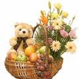 Fresh Fruit Basket With Flowers And Teddy